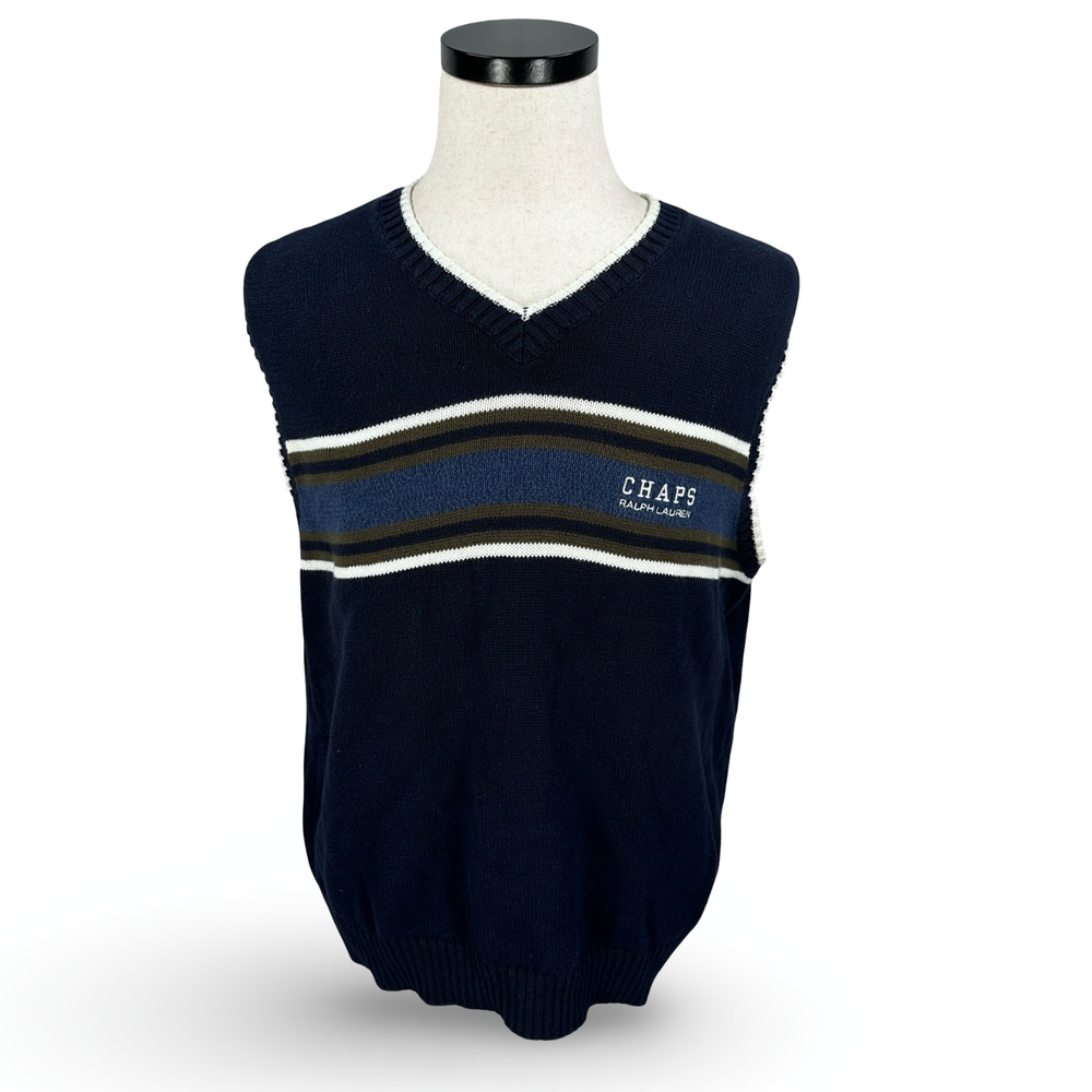 Vintage Chaps Ralph Lauren Sweater Vest Mens Large Blue‎ Striped V-Neck Pullover